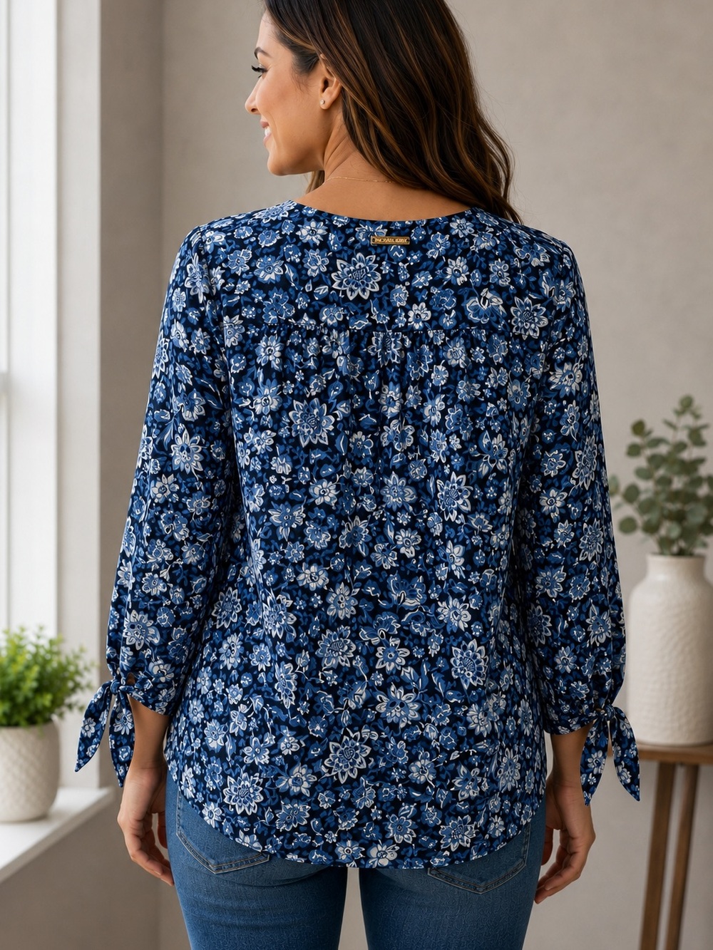 Michael Kors Blue Floral 3/4 Tie Sleeve Blouse XL - Picture 2 of 5